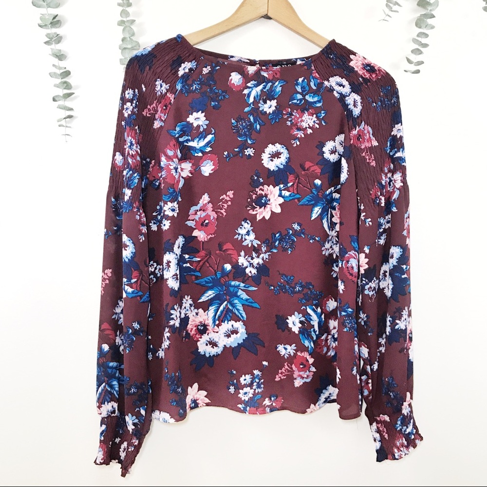 a.n.a Floral Maroon Long Sleeve Blouse Office